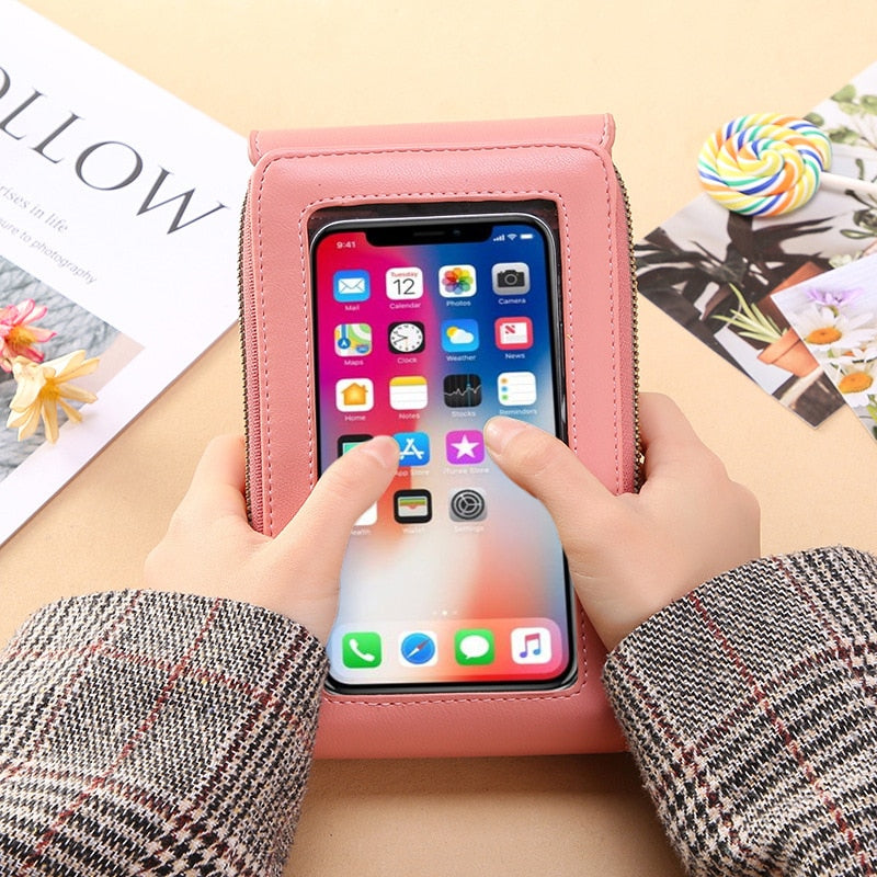 Leather Crossbody Phone Bag with Touchscreen Pocket